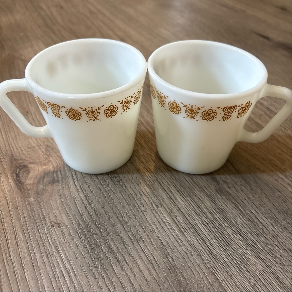 2 Vtg Pyrex Milk Glass Butterfly Gold Mugs Coffee Tea D-Handle #1410 USA MCM